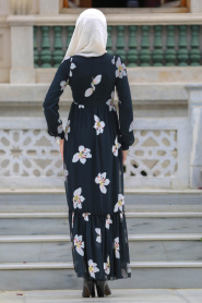 Neva Style - Çiçek Desenli Siyah Tesettür Elbise 77860S - Thumbnail