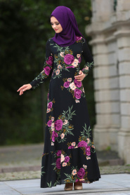 Neva Style - Çiçek Desenli Siyah Tesettür Elbise 7811S - Thumbnail