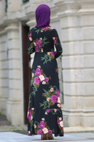 Neva Style - Çiçek Desenli Siyah Tesettür Elbise 7811S - Thumbnail