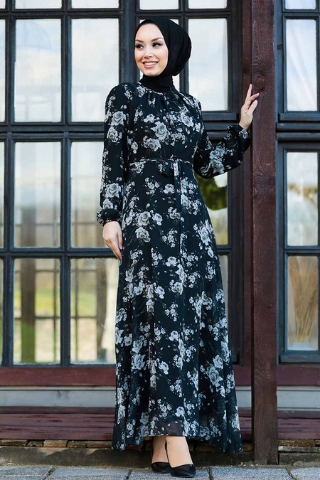 NEVA STYLE - Neva Style - Çiçek Desenli Siyah Tesettür Elbise 81390S