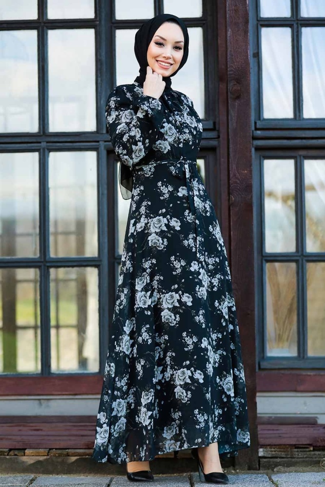 Neva Style - Çiçek Desenli Siyah Tesettür Elbise 81390S - 2