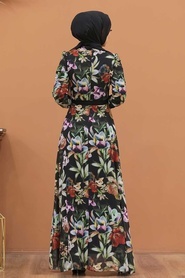 Neva Style - Çiçek Desenli Siyah Tesettür Elbise 815215S - Thumbnail