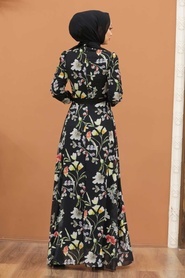 Neva Style - Çiçek Desenli Siyah Tesettür Elbise 815246S - Thumbnail