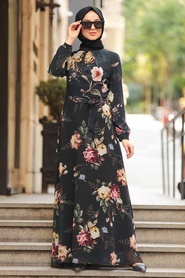 Neva Style - Çiçek Desenli Siyah Tesettür Elbise 81545S - Thumbnail