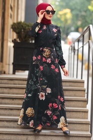 Neva Style - Çiçek Desenli Siyah Tesettür Elbise 8154S - Thumbnail