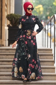 Neva Style - Çiçek Desenli Siyah Tesettür Elbise 8154S - Thumbnail