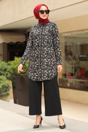 Neva Style - Çiçek Desenli Siyah Tesettür Gömlek 44903S - 1