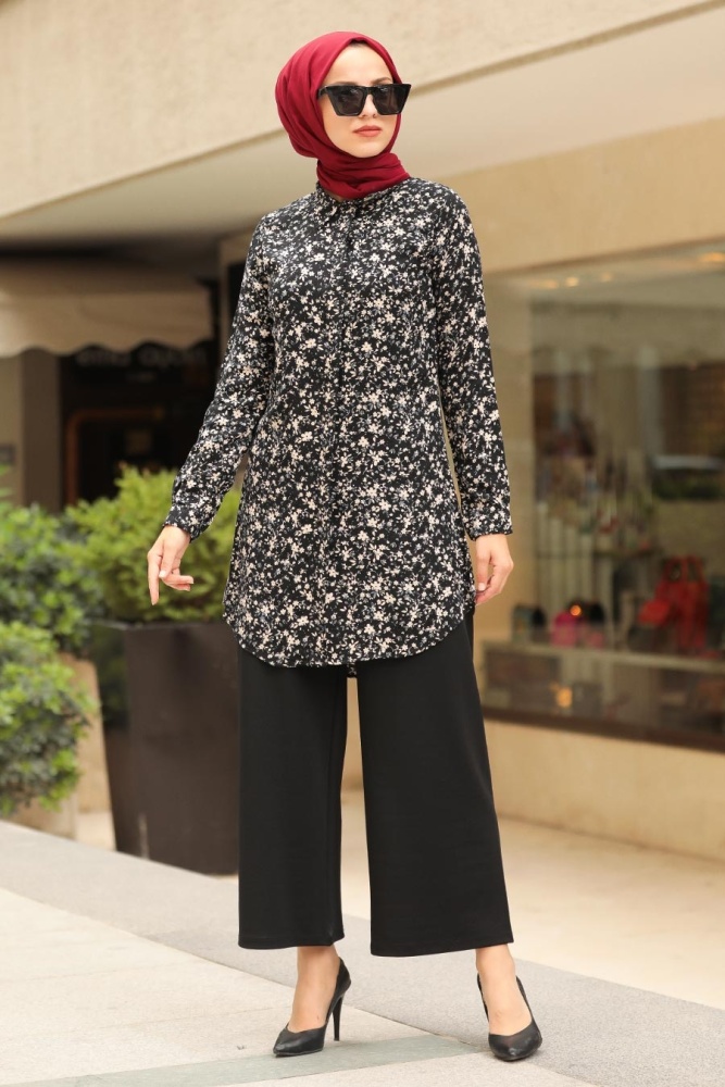 Neva Style - Çiçek Desenli Siyah Tesettür Gömlek 44903S - 1