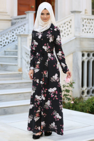 Neva Style - Çiçek Desenli Siyah Tesettür Gömlek Elbise 3131S - Thumbnail