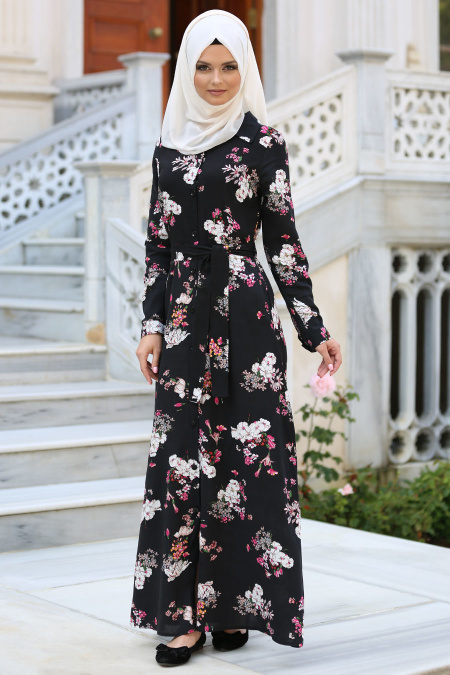 Neva Style - Çiçek Desenli Siyah Tesettür Gömlek Elbise 3131S