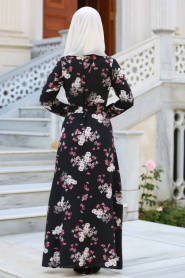 Neva Style - Çiçek Desenli Siyah Tesettür Gömlek Elbise 3131S - Thumbnail