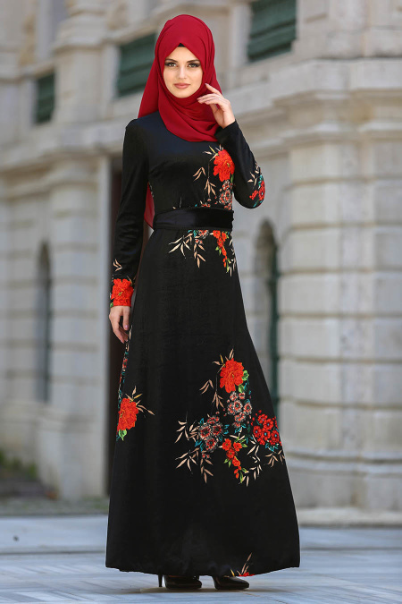 Neva Style - Çiçek Desenli Siyah Tesettür Kadife Elbise 7844S