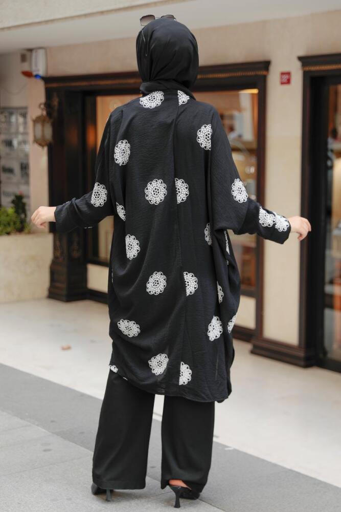 Neva Style - Çiçek Desenli Siyah Tesettür Kimono 6427S - 2