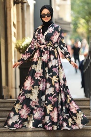 Neva Style - Çiçek Desenli Siyah Tesettür Kobe Saten Elbise 53491S - Thumbnail