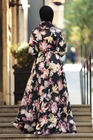 Neva Style - Çiçek Desenli Siyah Tesettür Kobe Saten Elbise 53491S - Thumbnail