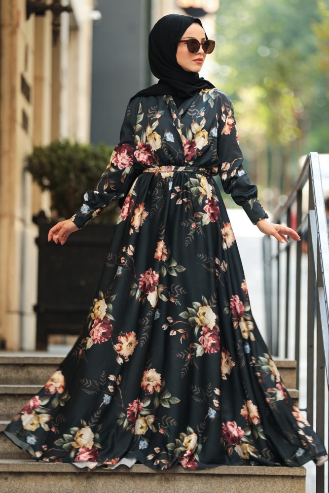  Çiçek Desenli Siyah Tesettür Kobe Saten Elbise 53492S - 1