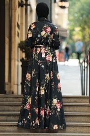 Neva Style - Çiçek Desenli Siyah Tesettür Kobe Saten Elbise 53492S - Thumbnail