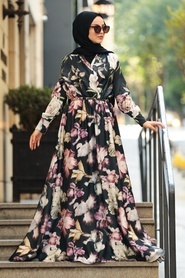 Neva Style - Çiçek Desenli Siyah Tesettür Kobe Saten Elbise 53496S - Thumbnail