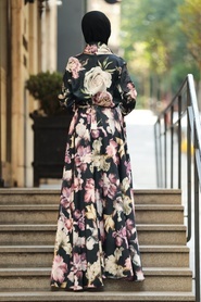 Neva Style - Çiçek Desenli Siyah Tesettür Kobe Saten Elbise 53496S - Thumbnail