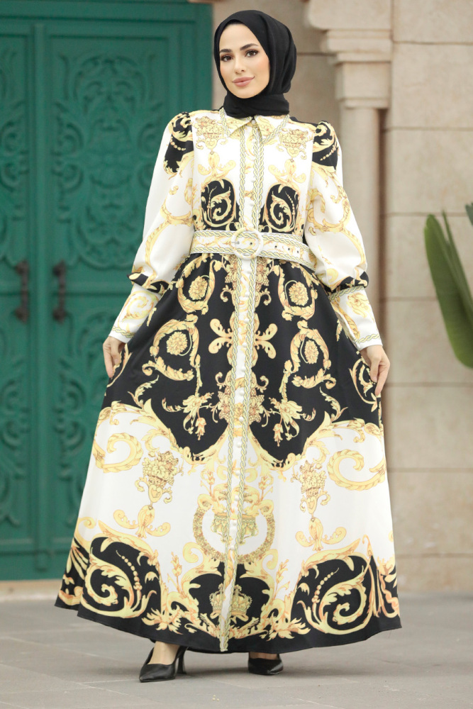  Çiçek Desenli Siyah Tesettür Poplin Elbise 22238S - 1