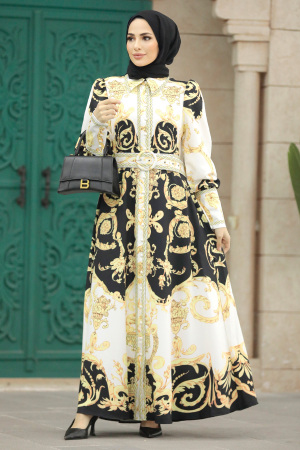  Çiçek Desenli Siyah Tesettür Poplin Elbise 22238S - 3