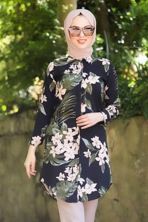 Neva Style - Çiçek Desenli Siyah Tesettür Tunik 10520S - 1