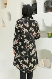 Neva Style - Çiçek Desenli Siyah Tesettür Tunik 11523S - Thumbnail