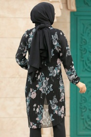 Neva Style - Çiçek Desenli Siyah Tesettür Tunik 91236S - Thumbnail