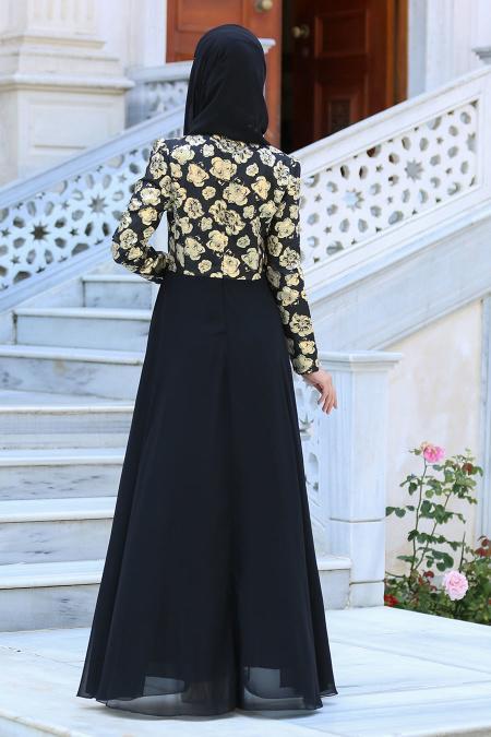 Neva Style - Çiçek Desenli Siyah Tesettürlü Abiye Elbise 2699S - 2