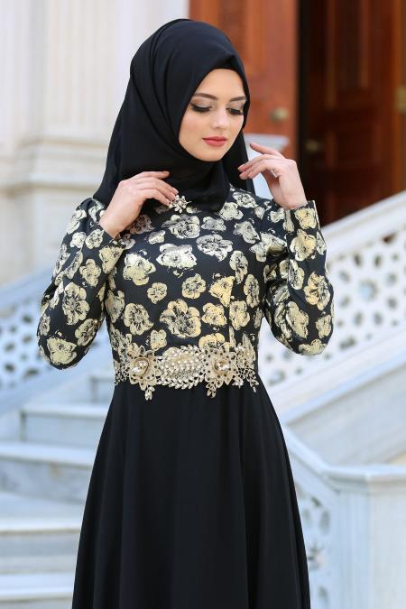 Neva Style - Çiçek Desenli Siyah Tesettürlü Abiye Elbise 2699S - 3