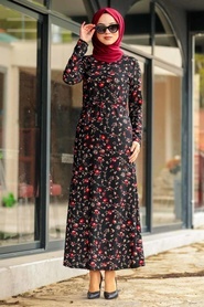 Neva Style - Çiçek Desenli Siyah Tesetür Elbise 2791S - Thumbnail