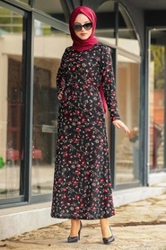 Neva Style - Çiçek Desenli Siyah Tesetür Elbise 2791S - Thumbnail