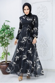 Neva Style - Çiçek Desenli Siyah Tesettür Elbise 27948S - Thumbnail