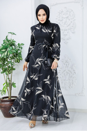 Neva Style - Çiçek Desenli Siyah Tesettür Elbise 27948S - 1
