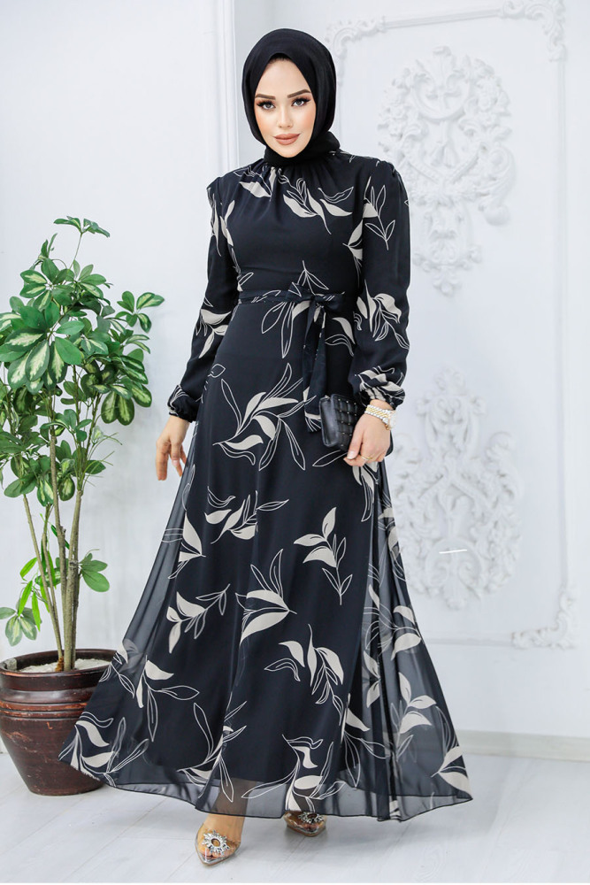 Neva Style - Çiçek Desenli Siyah Tesettür Elbise 27948S - 1