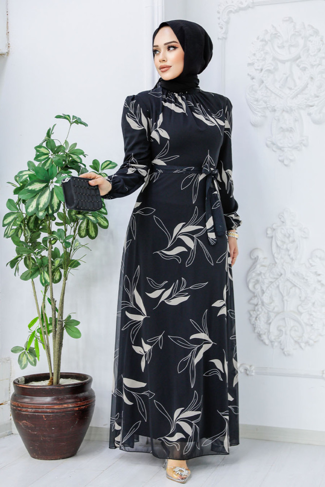 Neva Style - Çiçek Desenli Siyah Tesettür Elbise 27948S - 2