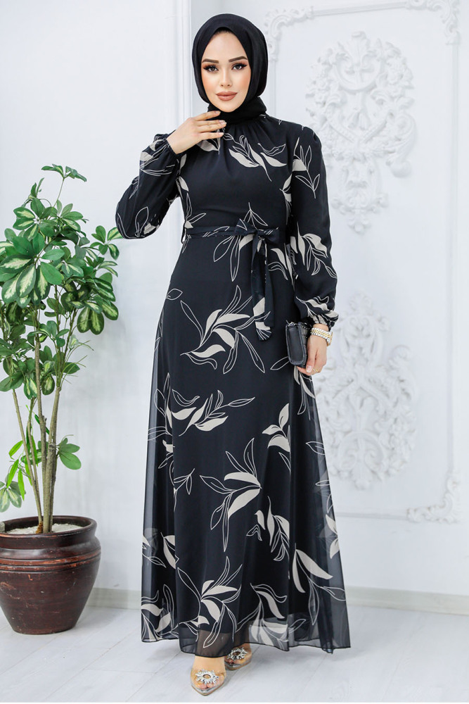 Neva Style - Çiçek Desenli Siyah Tesettür Elbise 27948S - 3