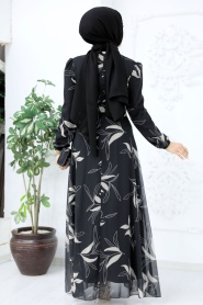 Neva Style - Çiçek Desenli Siyah Tesettür Elbise 27948S - Thumbnail