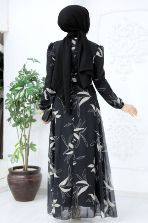 Neva Style - Çiçek Desenli Siyah Tesettür Elbise 27948S - 4