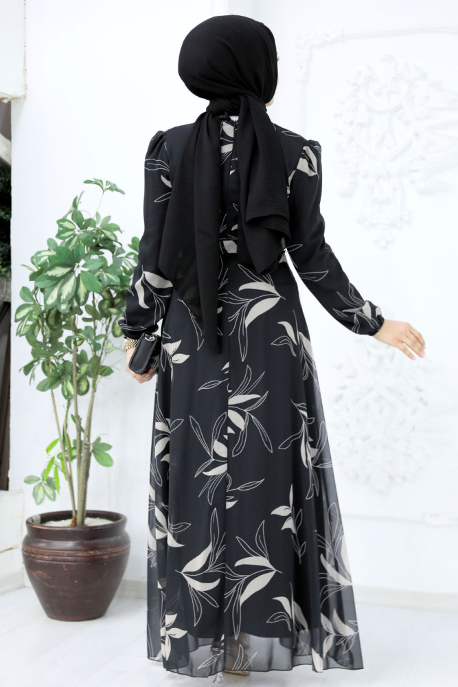 Neva Style - Çiçek Desenli Siyah Tesettür Elbise 27948S - 4