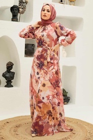 Neva Style - Çiçek Desenli Somon Tesettür Elbise 27925SMN - Thumbnail
