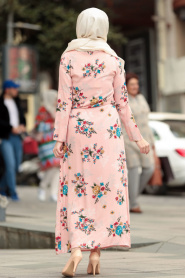 Neva Style - Çiçek Desenli Somon Tesettür Elbise 53542SMN - Thumbnail