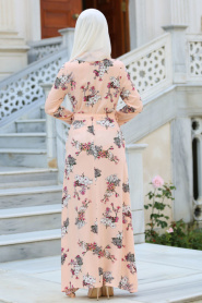 Neva Style - Çiçek Desenli Somon Tesettür Gömlek Elbise 3131SMN - Thumbnail