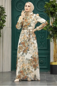 Neva Style - Çiçek Desenli Taba Tesettür Elbise 279318TB - Thumbnail