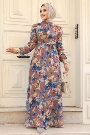Neva Style - Çiçek Desenli Taba Tesettür Elbise 27941TB - 1