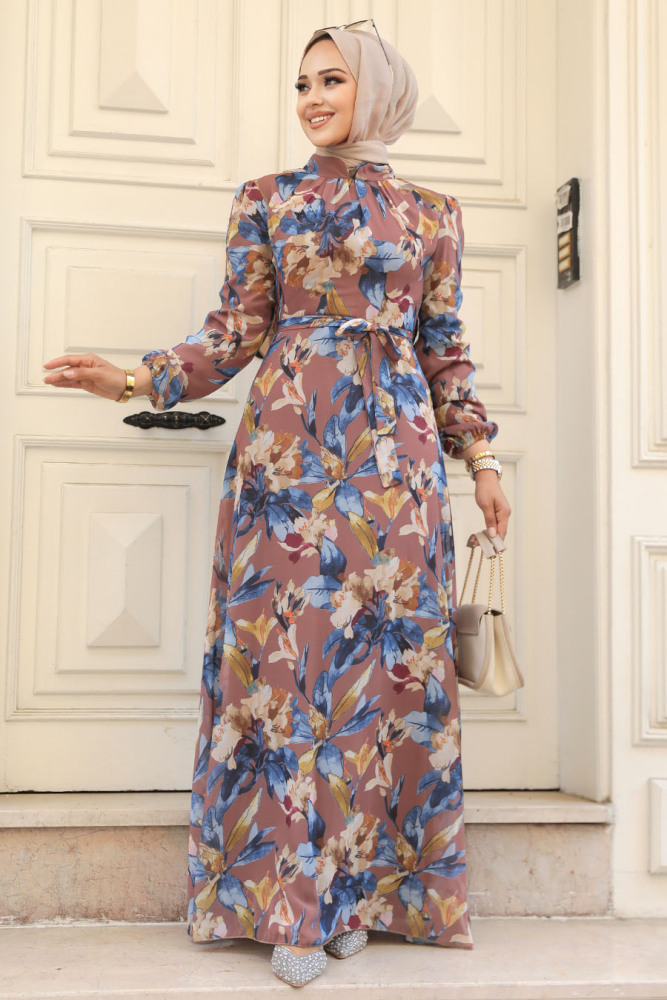 Neva Style - Çiçek Desenli Taba Tesettür Elbise 27941TB - 1