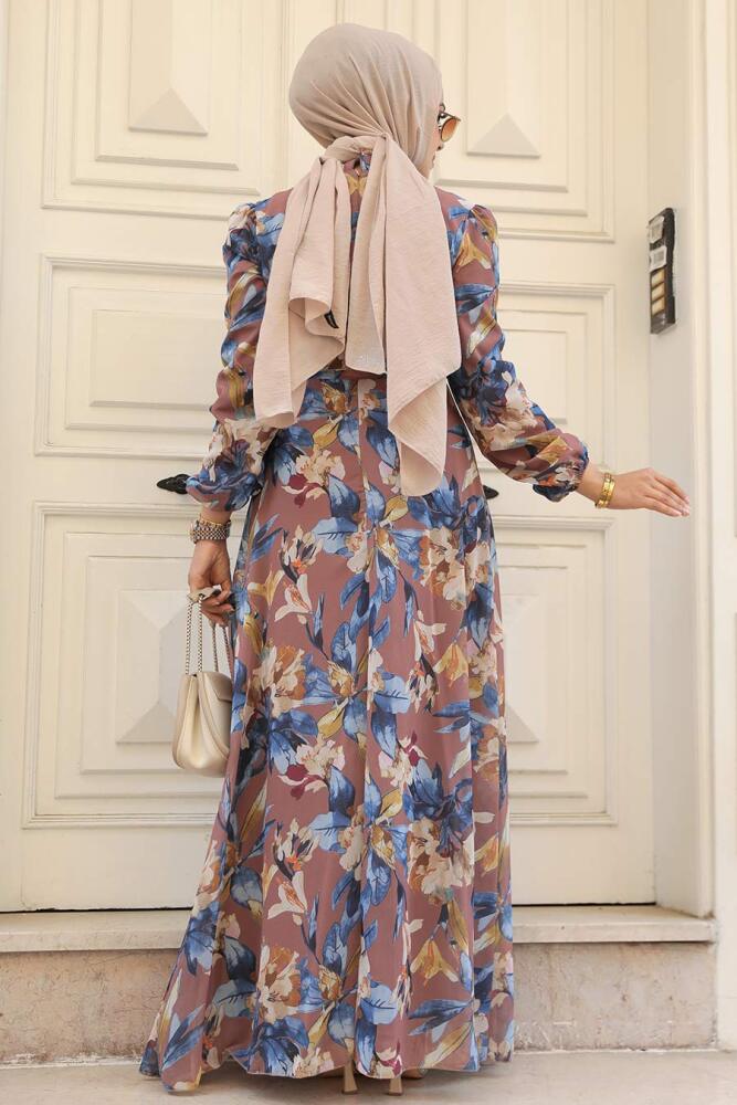 Neva Style - Çiçek Desenli Taba Tesettür Elbise 27941TB - 3