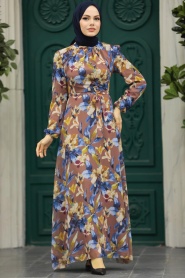 Neva Style - Çiçek Desenli Taba Tesettür Elbise 27941TB - Thumbnail