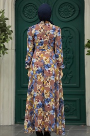 Neva Style - Çiçek Desenli Taba Tesettür Elbise 27941TB - Thumbnail