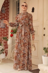 Neva Style - Çiçek Desenli Taba Tesettür Elbise 29710TB - Thumbnail